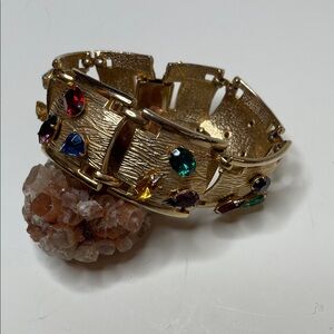 Vintage Statement Multi Colored Faceted Glass Stones Gold Tone Panel Bracelet